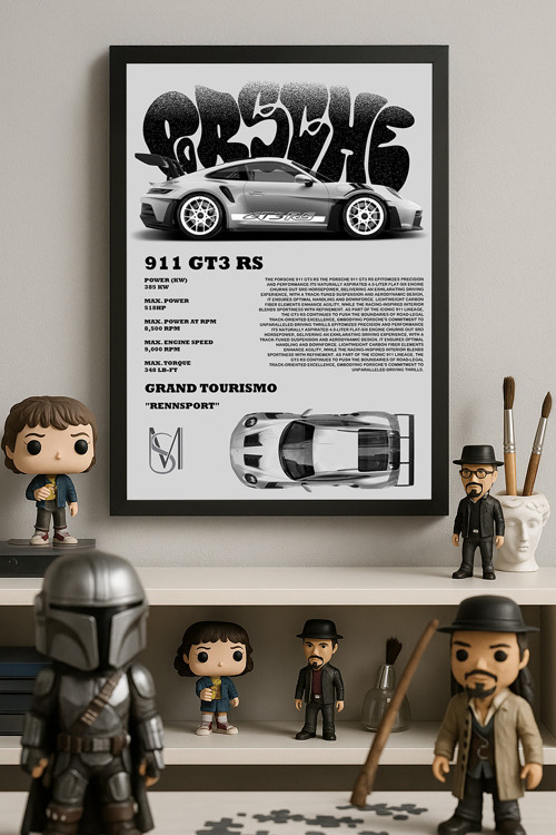 Porsche 911 Gt3 Rs Siyah Ahşap Çerçeveli Poster, Dekoratif Araba Duvar Tablosu