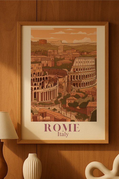 Rome Doğal Ahşap Çerçeveli Poster, Dekoratif Seyahat Duvar Tablosu