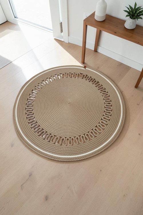 Jüt Hasır Model Dekoratif Desenli El Yapımı Yuvarlak Kilim Paspas