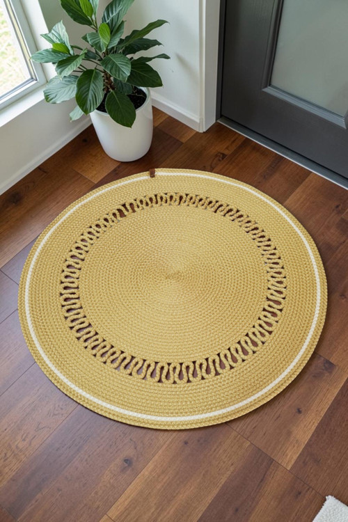 Jüt Hasır Model Dekoratif Desenli El Yapımı Yuvarlak Kilim Paspas