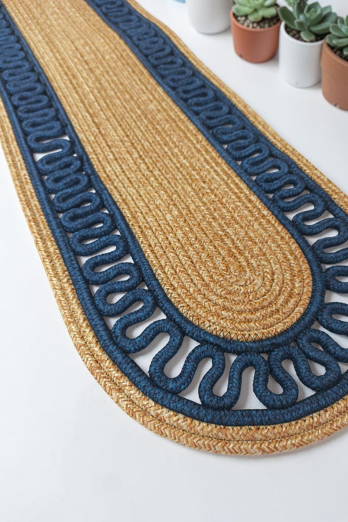 Bej Mavi Dekoratif Örgülü 35x100 cm Runner Şık Masa Orta Sehpa Üstü Dekoratif Sofra Aksesuarı
