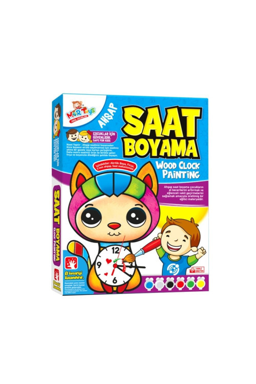 3d Ahşap Kedi Model Saat Boyama + Saat Mekanizması + Boya + Fırça Set, Saat Boyama Set