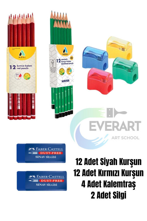 12 Renk Siyah Kurşun , 12 Renk Kırmızı Kopya Kalem, 2'li Sınav Silgisi 4'lü Kalemtraş