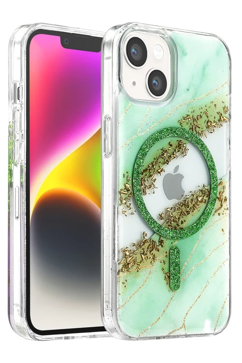 Onegif Apple iPhone 15 Lotus Simli Magsafe Kapak - Yeşil