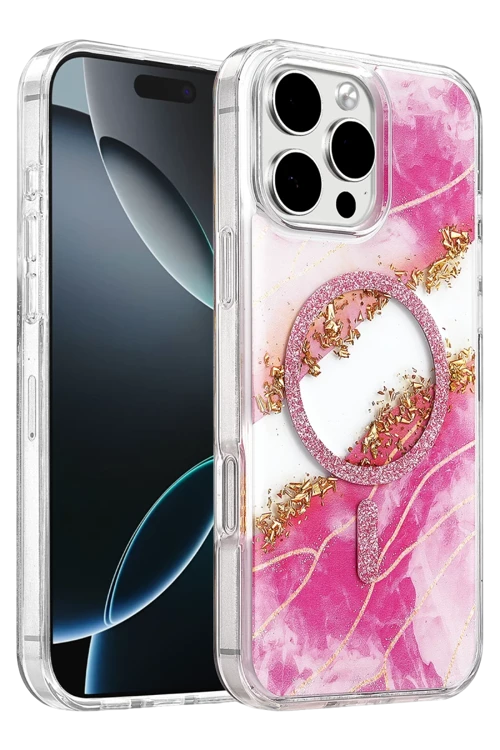 Onegif Apple iPhone 16 Pro Max Lotus Simli Magsafe Kapak - Pembe