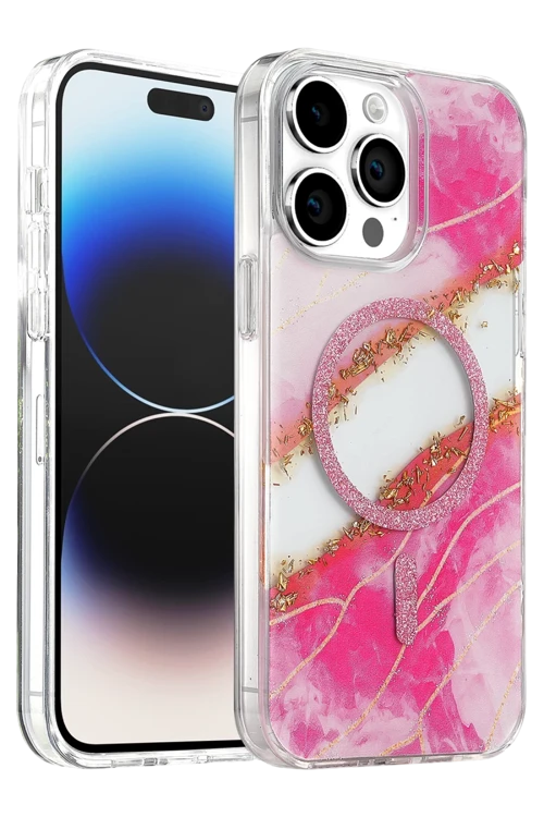 Onegif Apple iPhone 14 Pro Max Lotus Simli Magsafe Kapak - Pembe