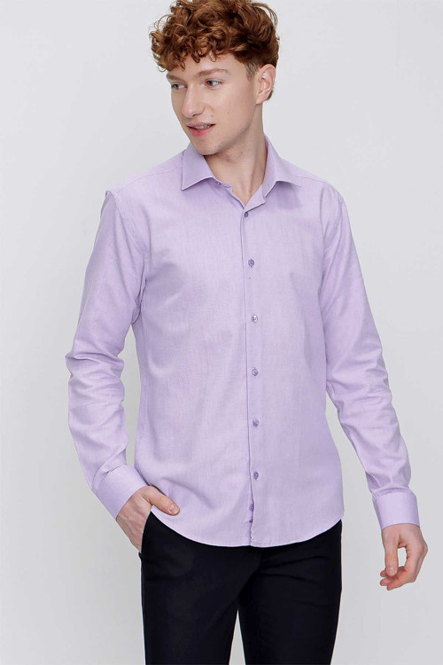 Erkek Lila Pamuklu Oxford Düz Slim Fit Dar Kesim Pensli Gömlek