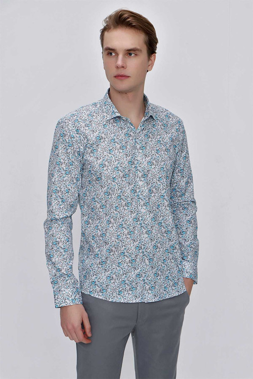 Erkek Mavi Pamuk Baskılı Slim Fit Dar Kesim Gömlek