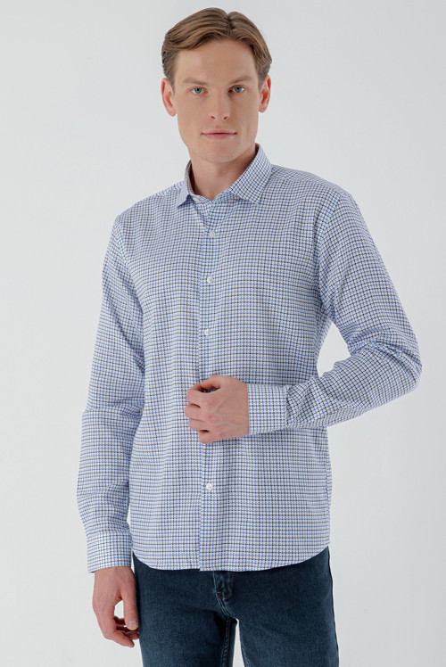 Erkek Mavi B.Gabardin Pamuk Desenli Slim Fit Gömlek