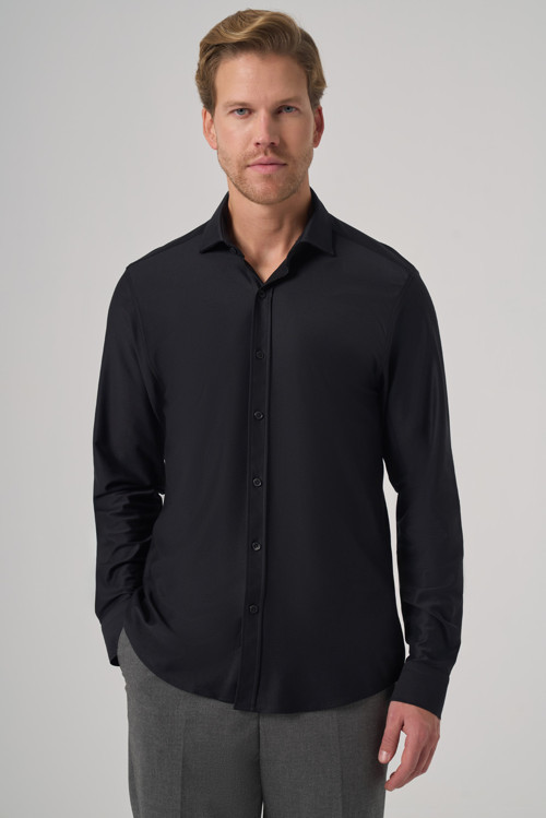 Erkek Siyah Trend Düz Slim Fit Tam İtalyan Yaka Relaxible Gömlek