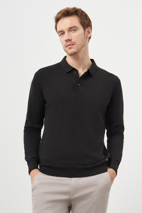 Erkek Siyah Basic Polo Yaka Dynamic Fit Rahat Kesim Triko