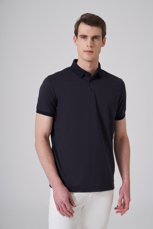 Erkek Lacivert Trend Jakarlı Polo Yaka Dinamik Fit T-shirt