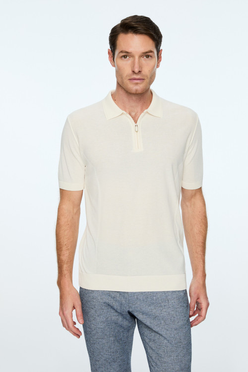 Erkek Ekru Trend Polo Yaka Rayon Triko T-Shirt