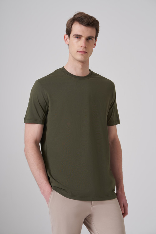 Erkek Haki Basic Bisiklet Yaka Dynamic Fit Pamuk T-Shirt
