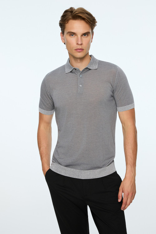Erkek Gri Trend Polo Yaka Tencel Triko T-Shirt