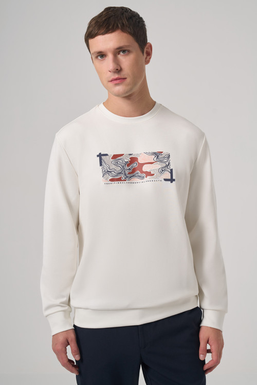 Erkek Ekru Trend Baskılı Bisiklet Yaka Sweatshirt