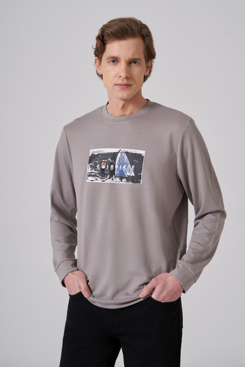 Erkek Taş Trend Baskılı Bisiklet Yaka Sweat-Shirt