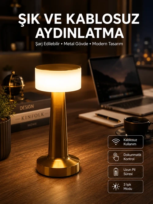 Altın Rengi Masa ve Gece Lambası Dokunmatik Şarjlı Masa Lambası
