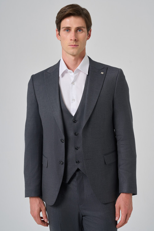 Erkek Antrasit Poliviskon Yelekli Trend Desenli Slim Fit Sivri Yaka Takım Elbise