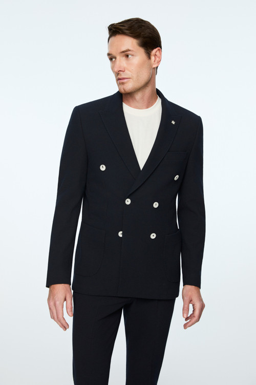 Erkek Lacivert Poliviskon Trend Desenli Slim Fit Sivri Yaka Kruvaze Takım Elbise