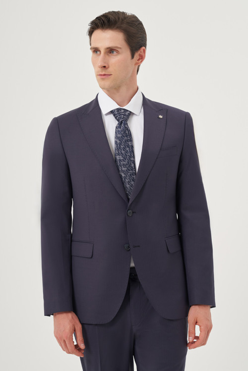Erkek Lacivert Yünlü 8-Drop Trend Çizgili Slim Fit Sivri Yaka Takım Elbise