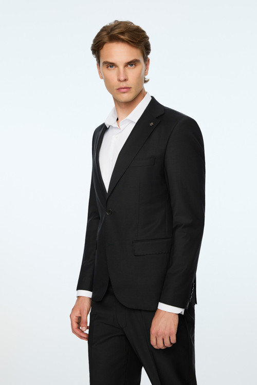 Erkek Siyah Yün Platinium Düz Slim Fit Mono Yaka Takım Elbise