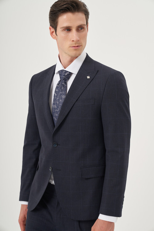 Erkek Lacivert Yünlü Trend Ekoseli Slim Fit Sivri Yaka Takım Elbise