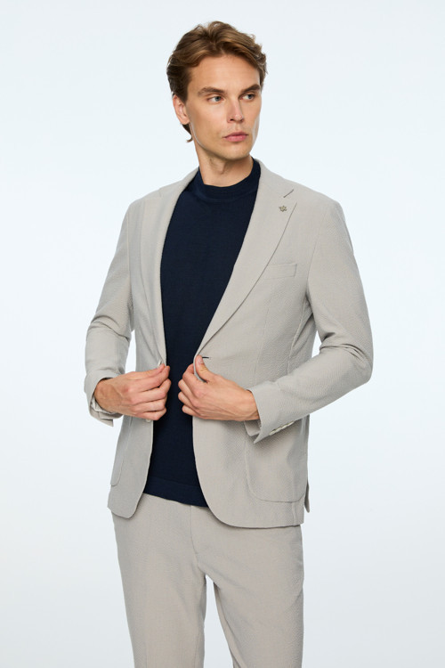 Erkek Gri Poliviskon Trend Çizgili Slim Fit Mono Yaka Takım Elbise