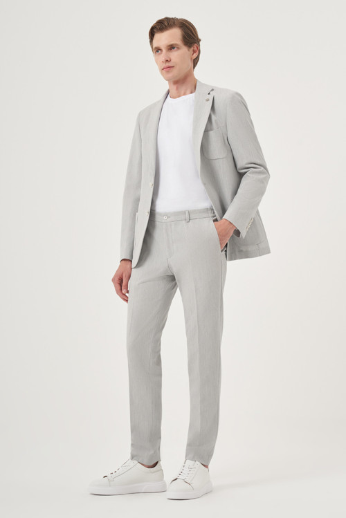 Erkek Gri Poliviskon Trend Çizgili Slim Fit Mono Yaka Takım Elbise
