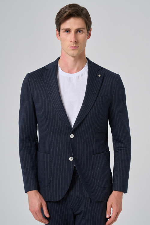 Erkek Lacivert Poliviskon Trend Çizgili Slim Fit Mono Yaka Takım Elbise