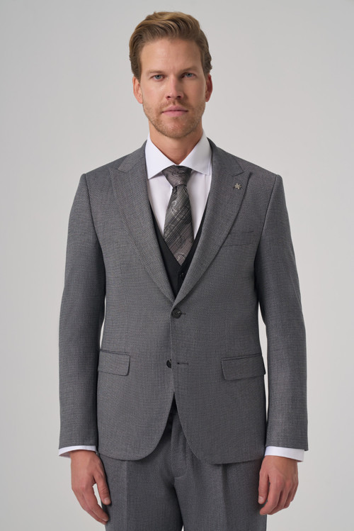 Erkek Siyah Poliviskon Trend Desenli Slim Fit Yelekli Kombinli Takım Elbise