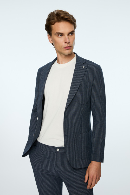 Erkek Lacivert Poliviskon Trend Çizgili Slim Fit Mono Yaka Takım Elbise
