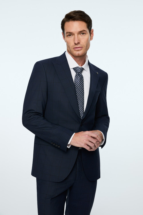Erkek Lacivert Yünlü Trend Ekose Slim Fit Mono Yaka Takım Elbise