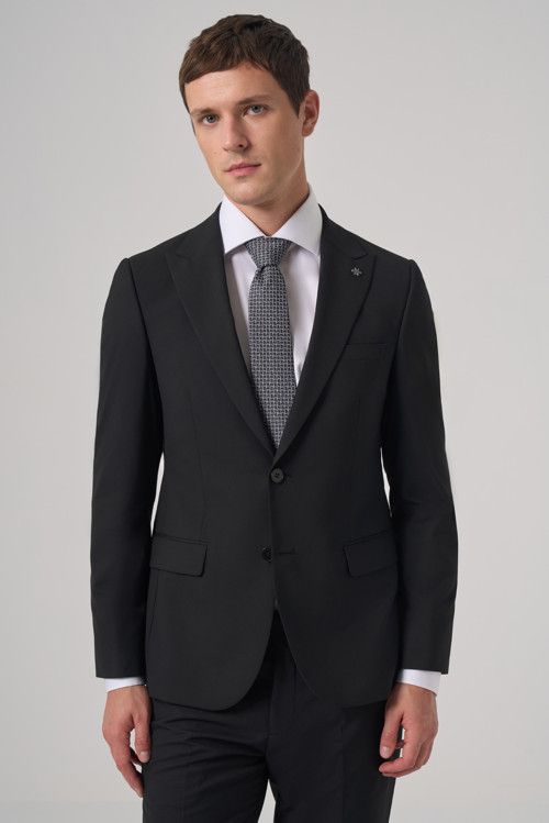 Erkek Siyah Poliviskon Basic Slim Fit Sivri Yaka Takım Elbise