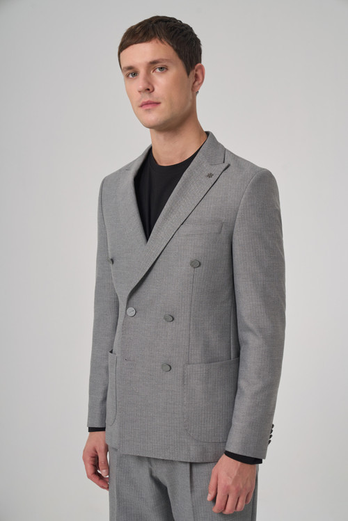 Erkek Gri Poliviskon Trend Desenli Slim Fit Sivri Yaka Takım Elbise