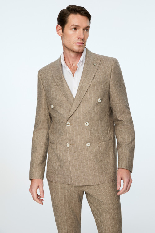 Erkek Yeşil Keten Trend Çizgili Slim Fit Sivri Yaka Kruvaze Takım Elbise