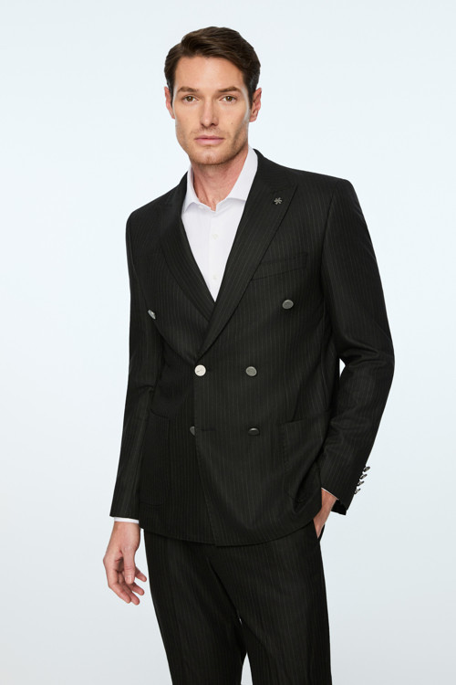 Erkek Siyah Poliviskon Trend Slim Fit Sivri Yaka Kruvaze Takım Elbise