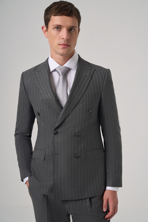 Erkek Füme Poliviskon Trend Çizgili Slim Fit Kruvaze Takım elbise