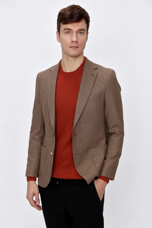 Erkek KAHVE Yünlü Pitikareli Dokuma Slim Fit Dar Kesim Torba Cep 6 Drop Ceket