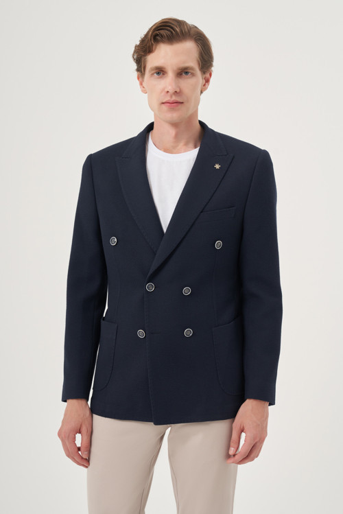 Erkek Lacivert Poliviskon Kruvaze Desenli Slim Fit Sivri Yaka Ceket