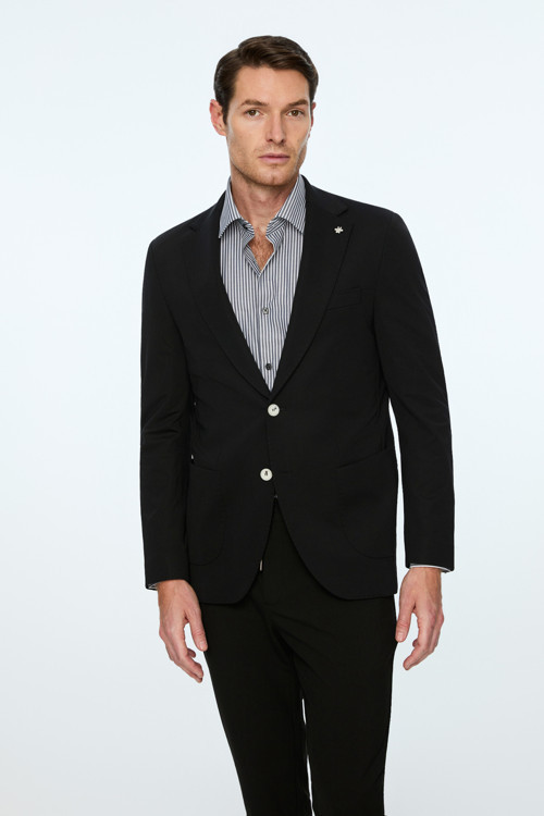 Erkek Siyah Rayon Trend Düz Slim Fit Mono Yaka Ceket