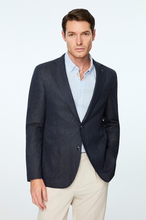 Erkek Lacivert Keten Trend Desenli Slim Fit Ceket