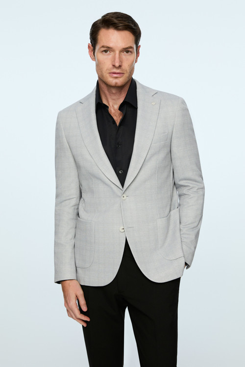 Erkek Gri Polyester Trend Ekoseli Slim Fit Mono Yaka Ceket