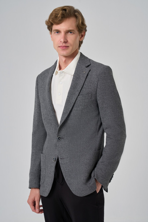 Erkek Siyah Poliviskon Trend Desenli Slim Fit Mono Yaka Dokuma Ceket