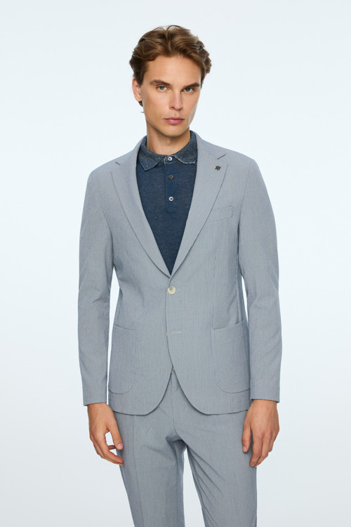 Erkek Lacivert Poliviskon Trend Desenli Slim Fit Mono Yaka Ceket