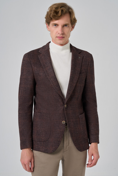 Erkek KAHVE Örme Trend Kareli Slim Fit Mono Yaka Ceket