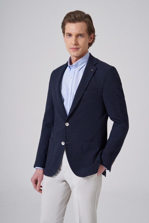 Erkek Lacivert Polyester Trend Desenli Slim Fit Ceket