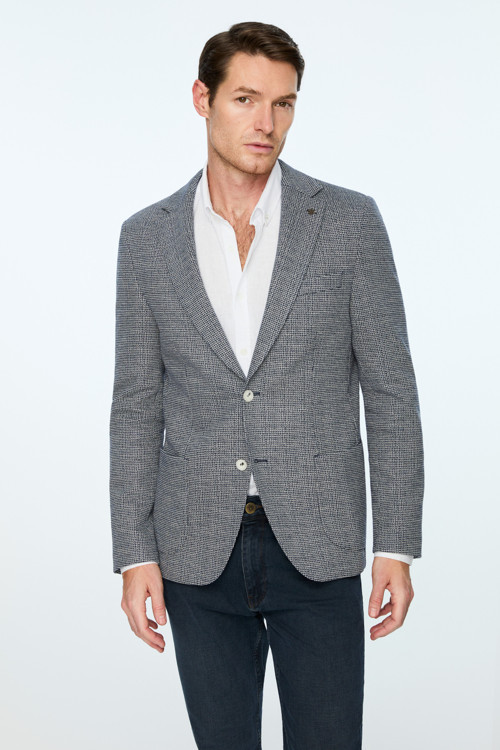 Erkek Lacivert Örme Trend Desenli Slim Fit Mono Yaka Ceket