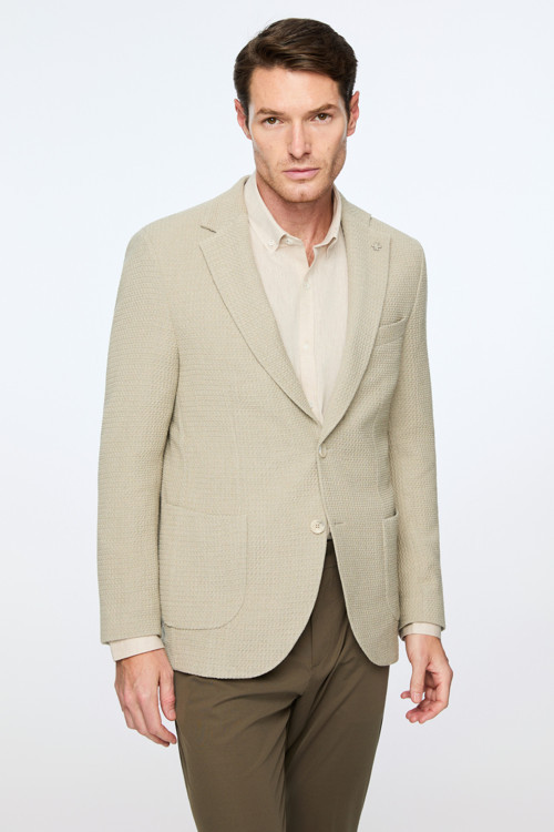 Erkek Bej Poliviskon Trend Desenli Slim Fit Ceket