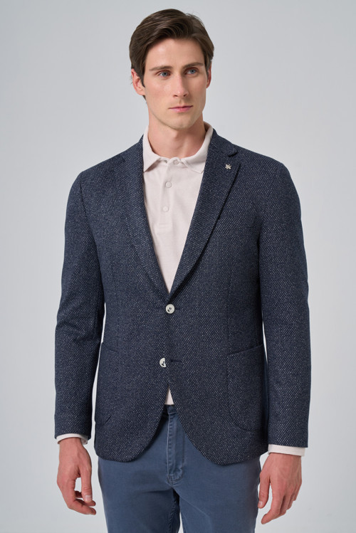 Erkek Lacivert Örme Trend Desenli Slim Fit Mono Yaka Ceket